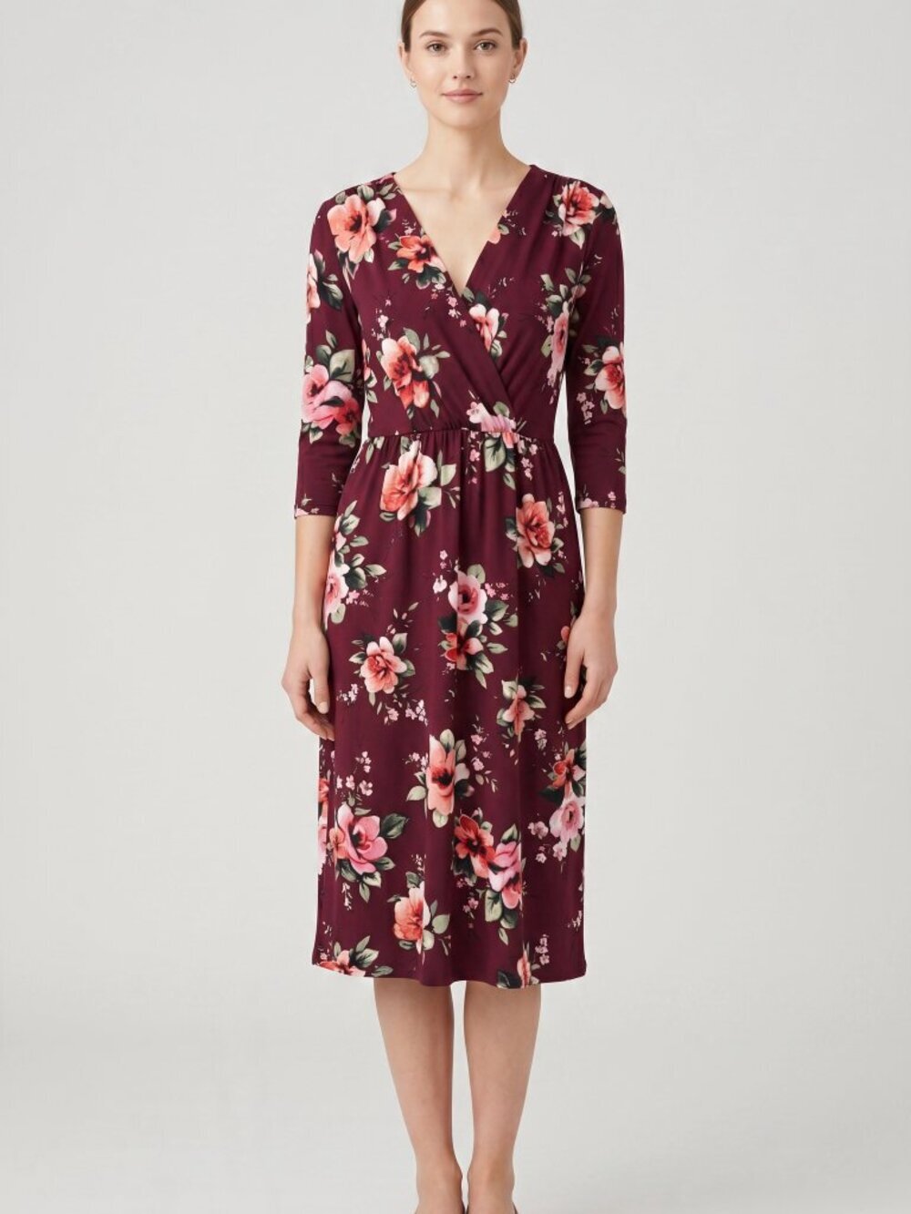 Floral Wrap 3/4 Midi Dress - Burgundy Pink Floral